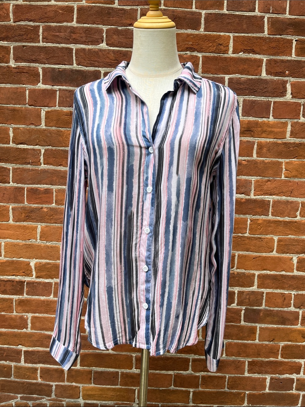 Bella Dahl Vertical Stripe Button-Down Shirt in Pink, Blue & White